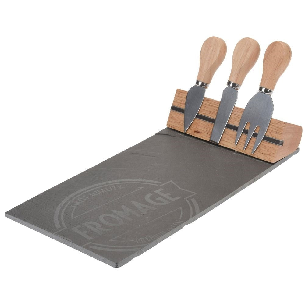 Stone cutting board for cheese with magnetic strip and three knives