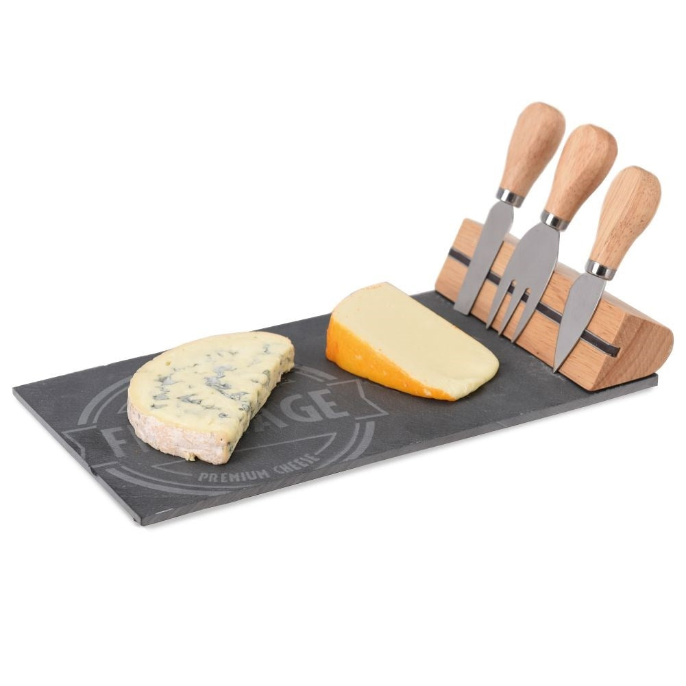 Stone cutting board for cheese with magnetic strip and three knives
