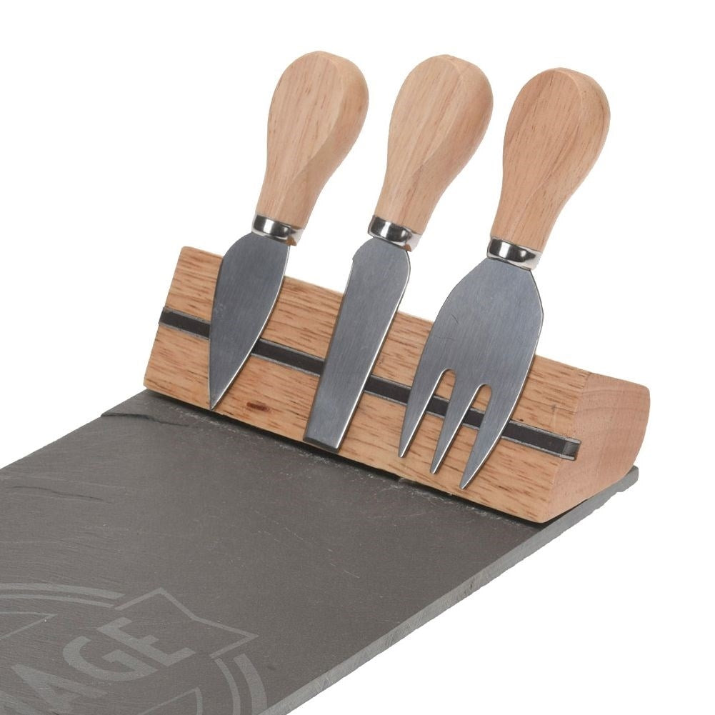 Stone cutting board for cheese with magnetic strip and three knives