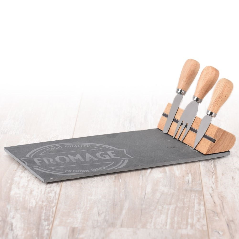 Stone cutting board for cheese with magnetic strip and three knives