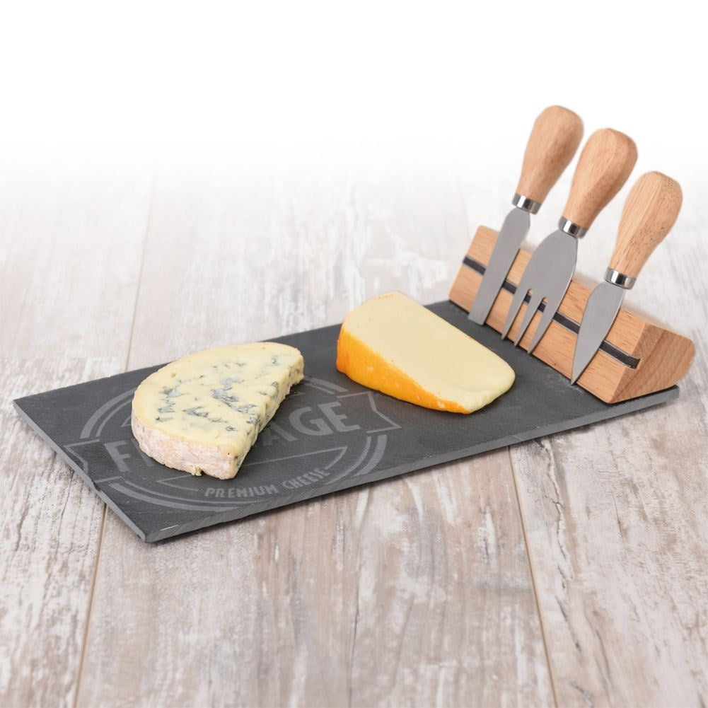 Stone cutting board for cheese with magnetic strip and three knives