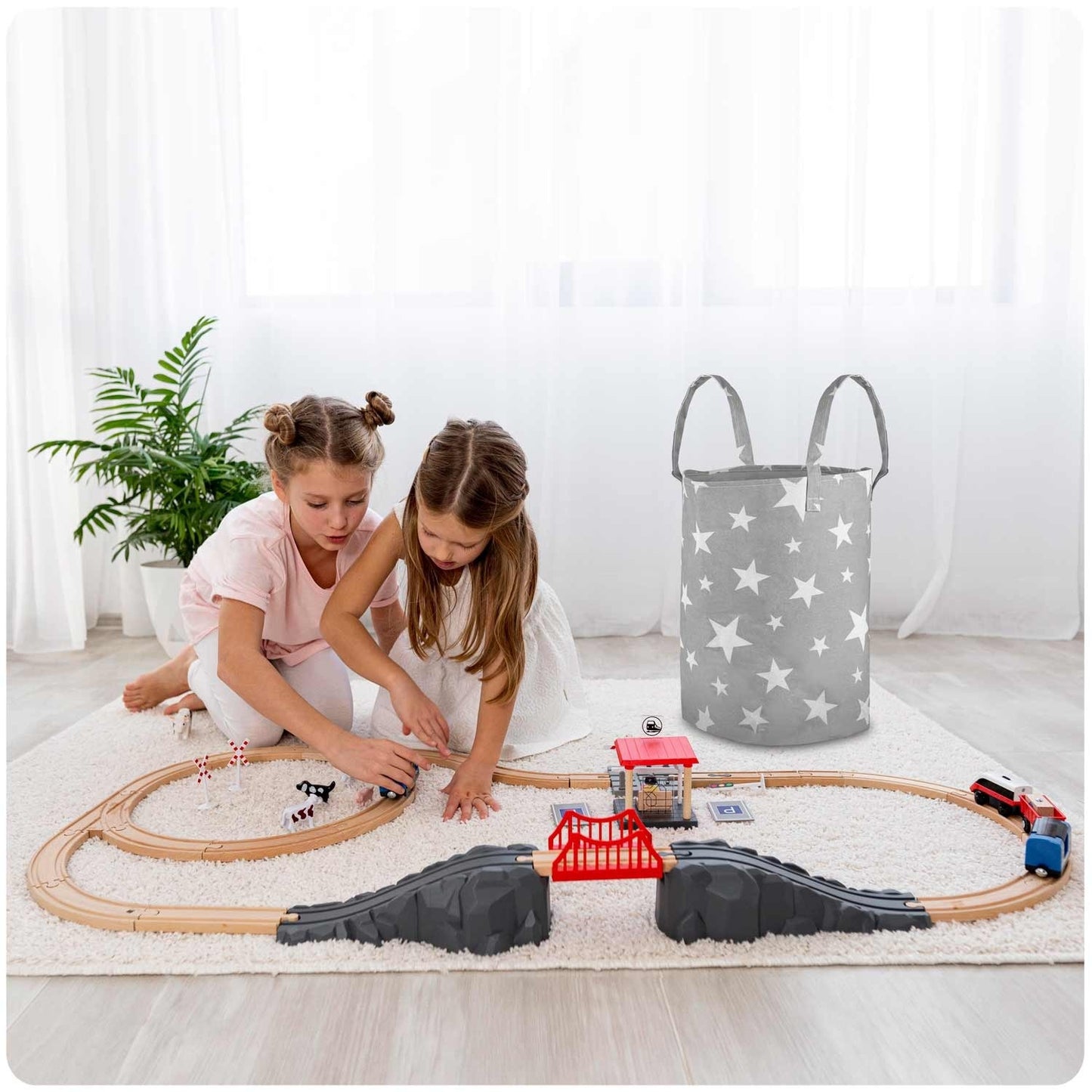 Storage basket for toys Nukido - gray with stars