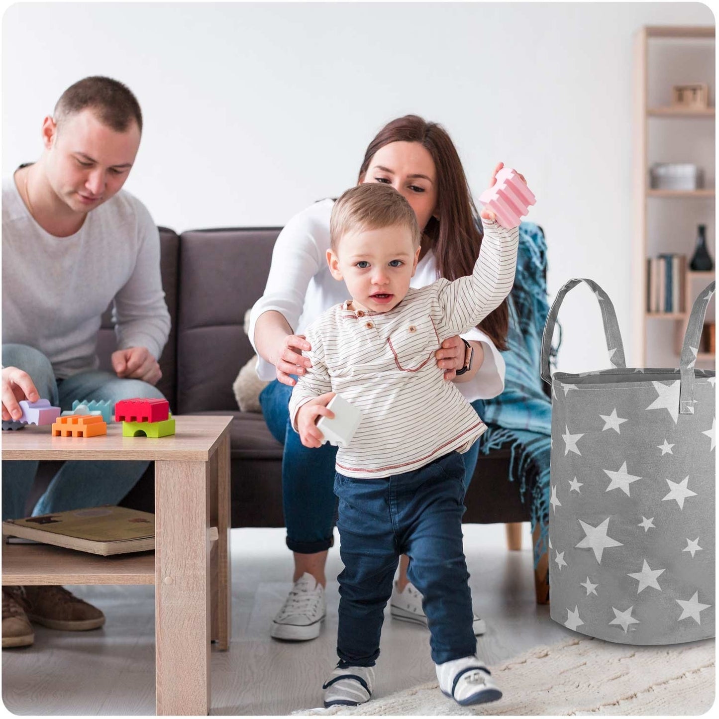 Storage basket for toys Nukido - gray with stars