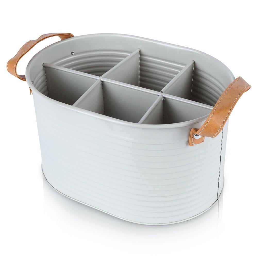 Storage box for 6 bottles in metal with leather handle
