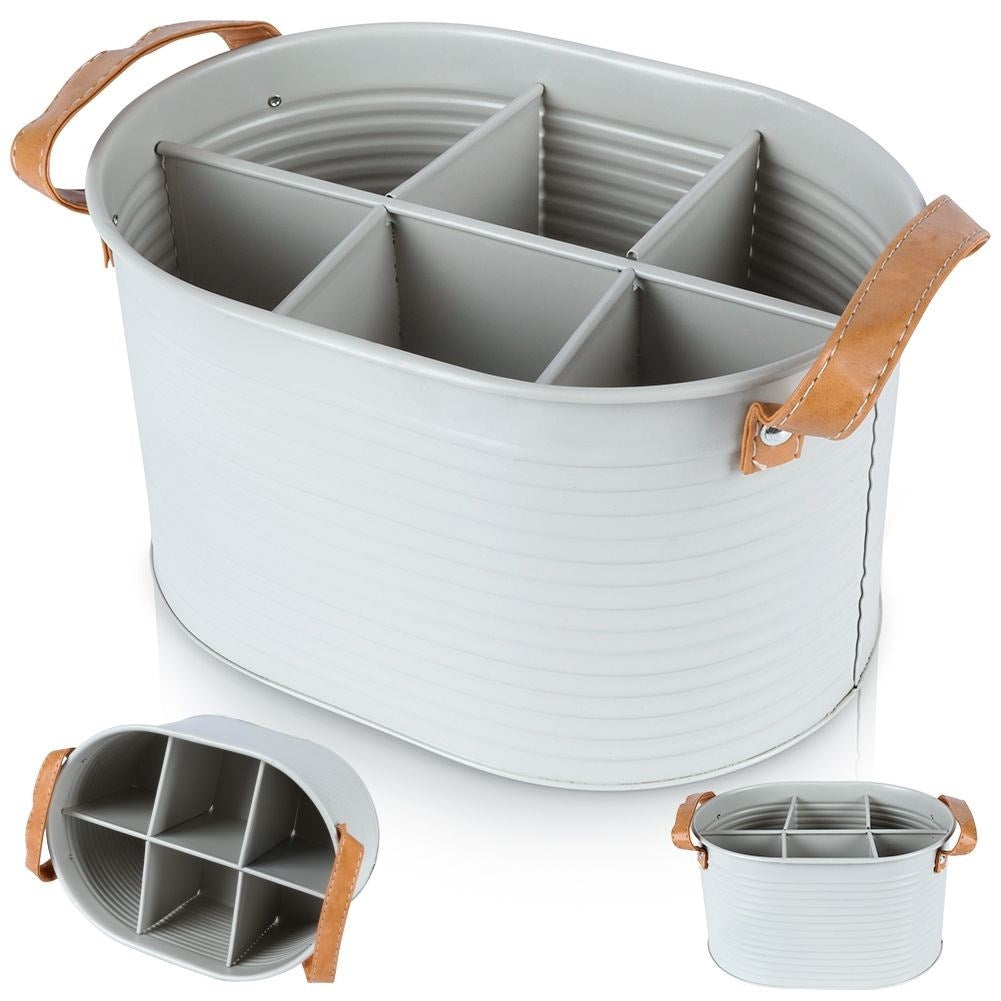 Storage box for 6 bottles in metal with leather handle