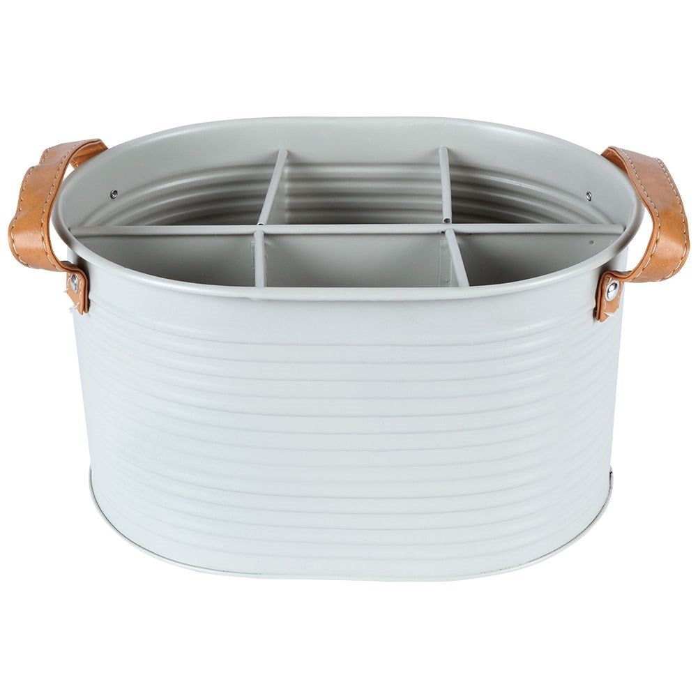 Storage box for 6 bottles in metal with leather handle