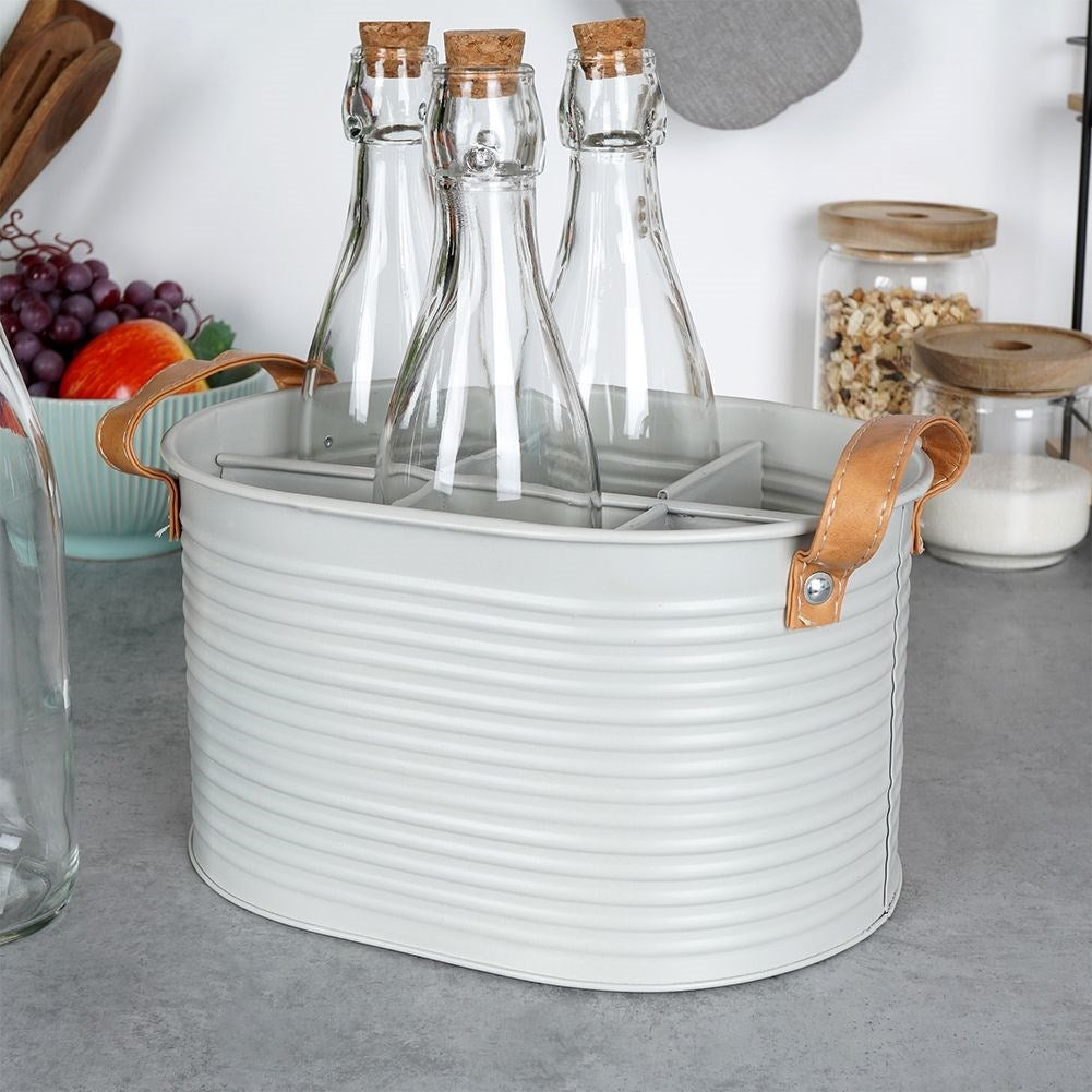 Storage box for 6 bottles in metal with leather handle