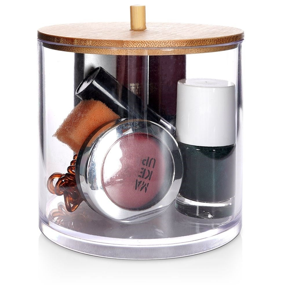 Storage box for makeup and cotton pads with bamboo lid