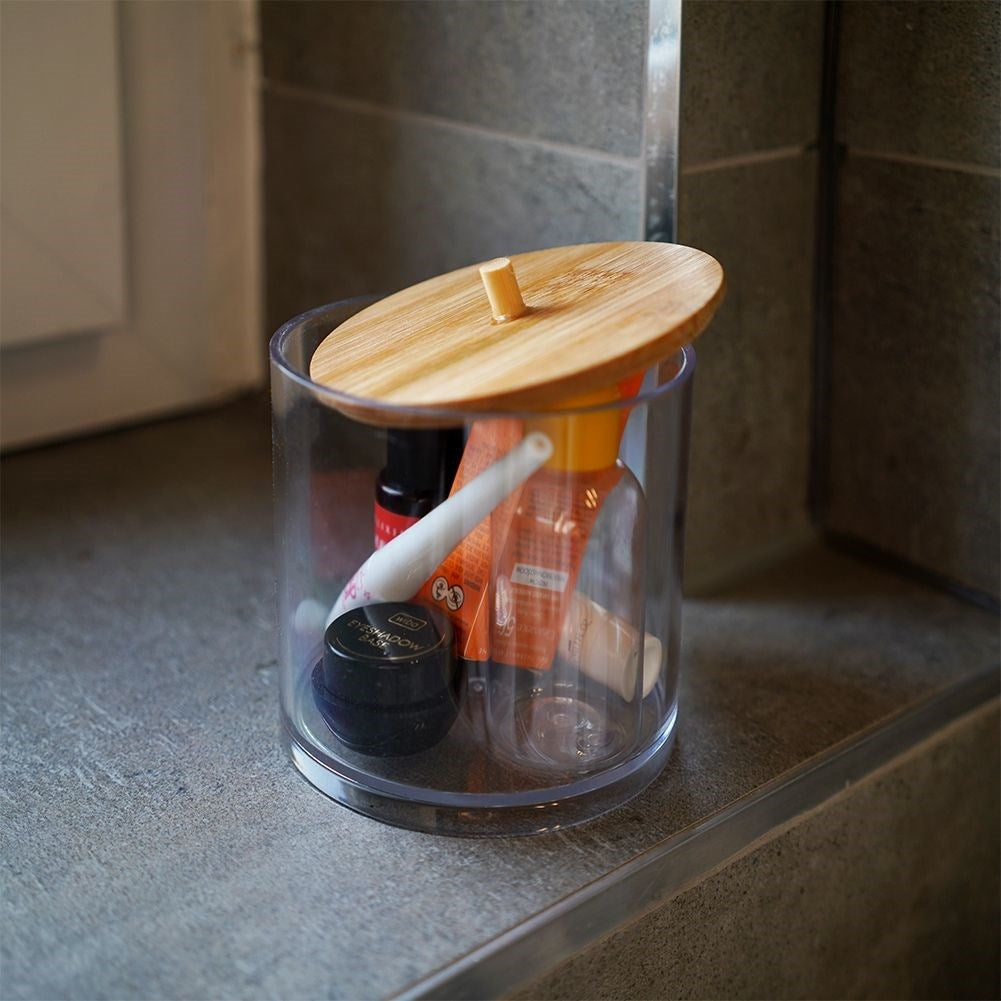 Storage box for makeup and cotton pads with bamboo lid