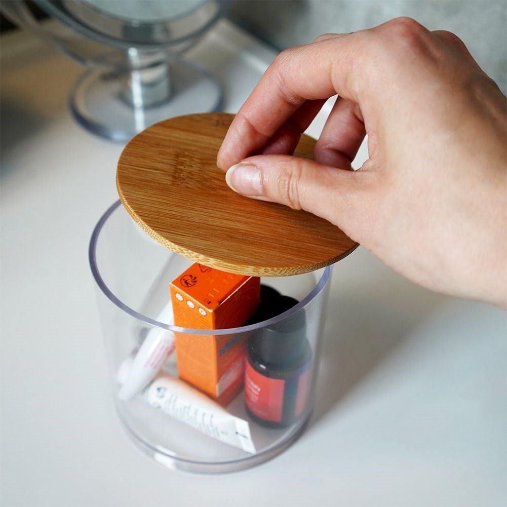Storage box for makeup and cotton pads with bamboo lid