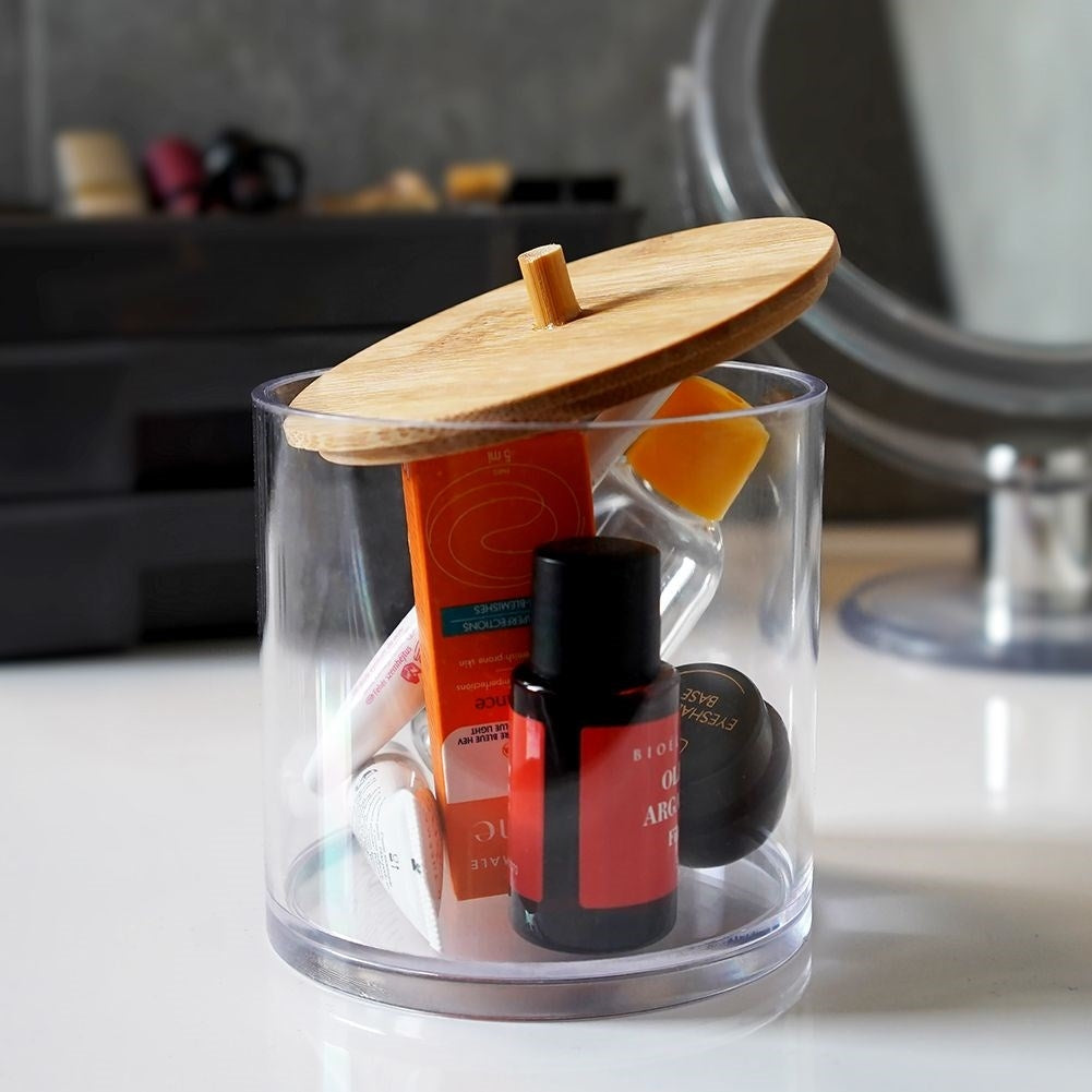Storage box for makeup and cotton pads with bamboo lid
