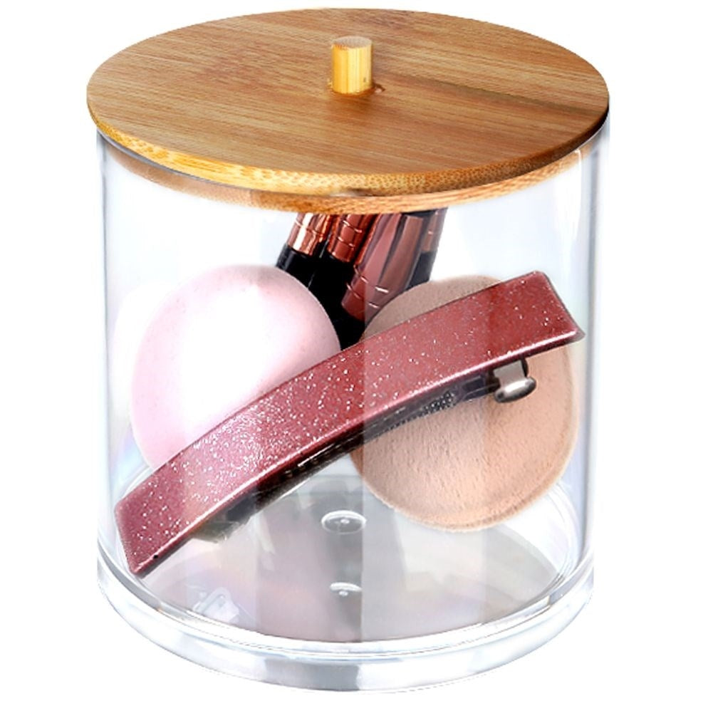 Storage box for makeup and cotton pads with bamboo lid