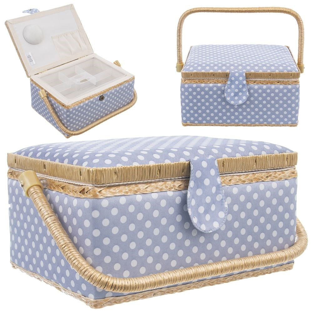 Storage box for sewing accessories and jewelry with 7 compartments, polka dot design
