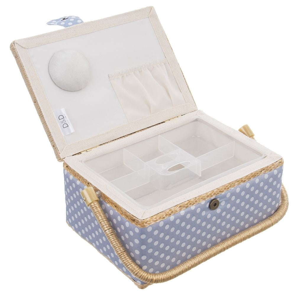 Storage box for sewing accessories and jewelry with 7 compartments, polka dot design