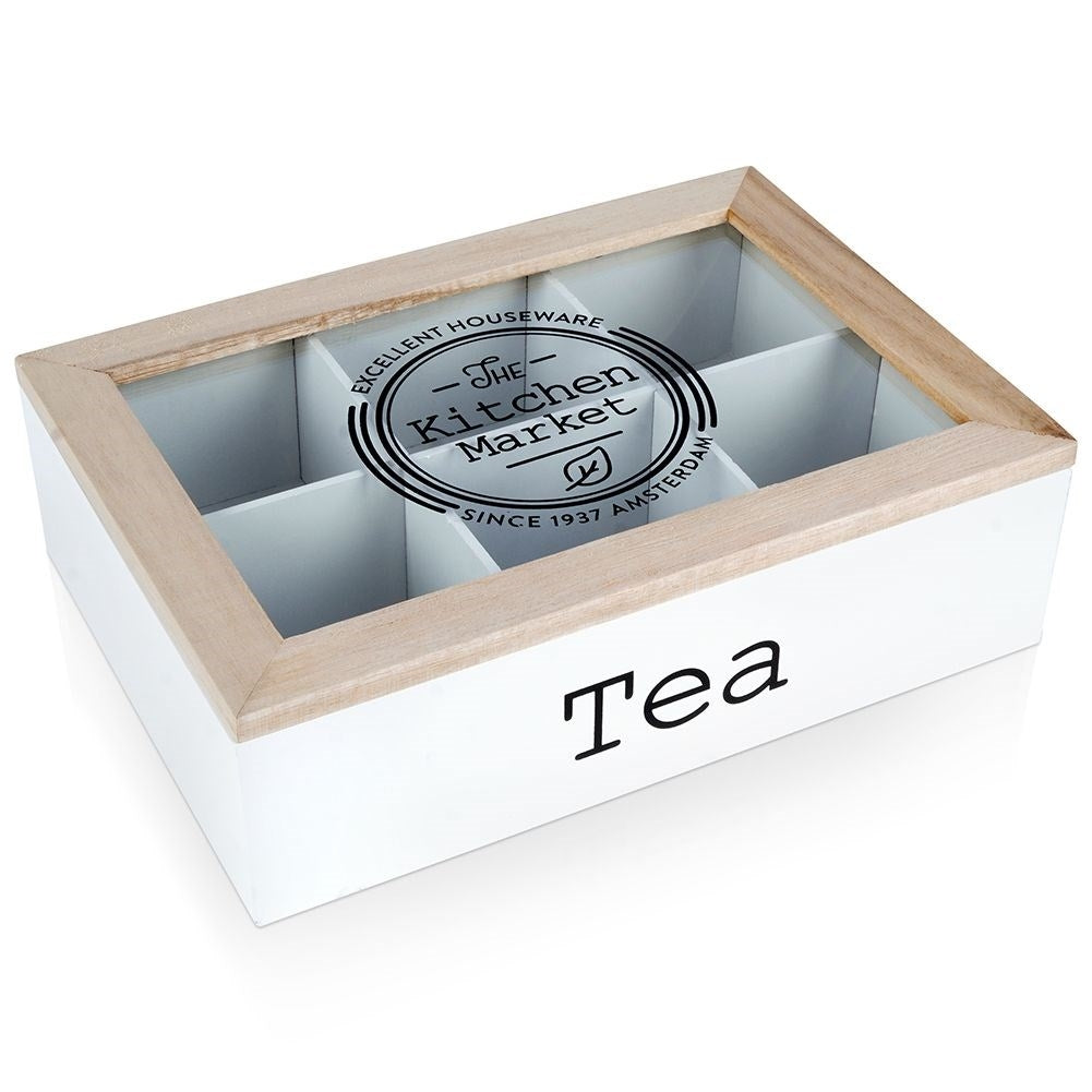 Storage box for tea bags with 6 compartments and lid