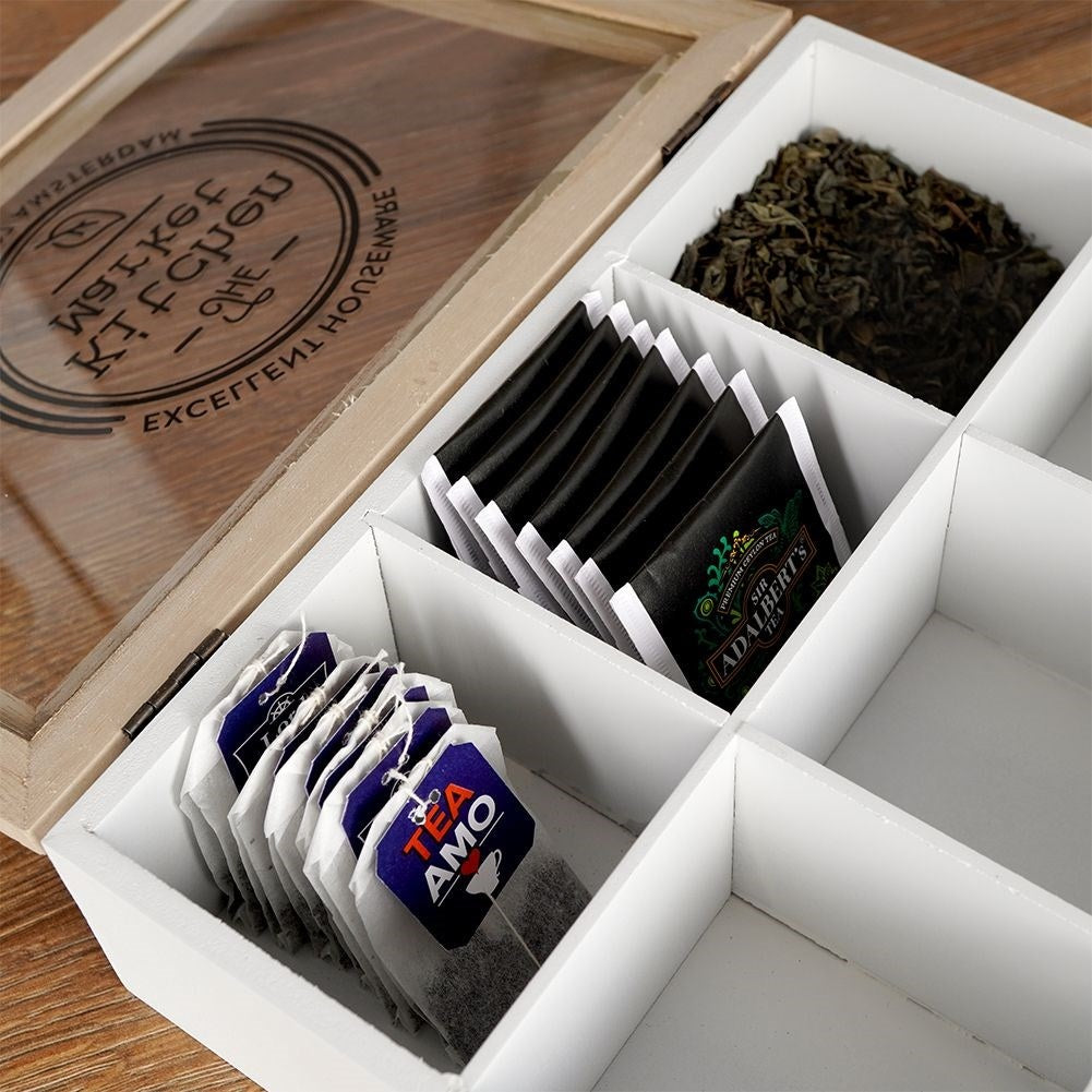 Storage box for tea bags with 6 compartments and lid