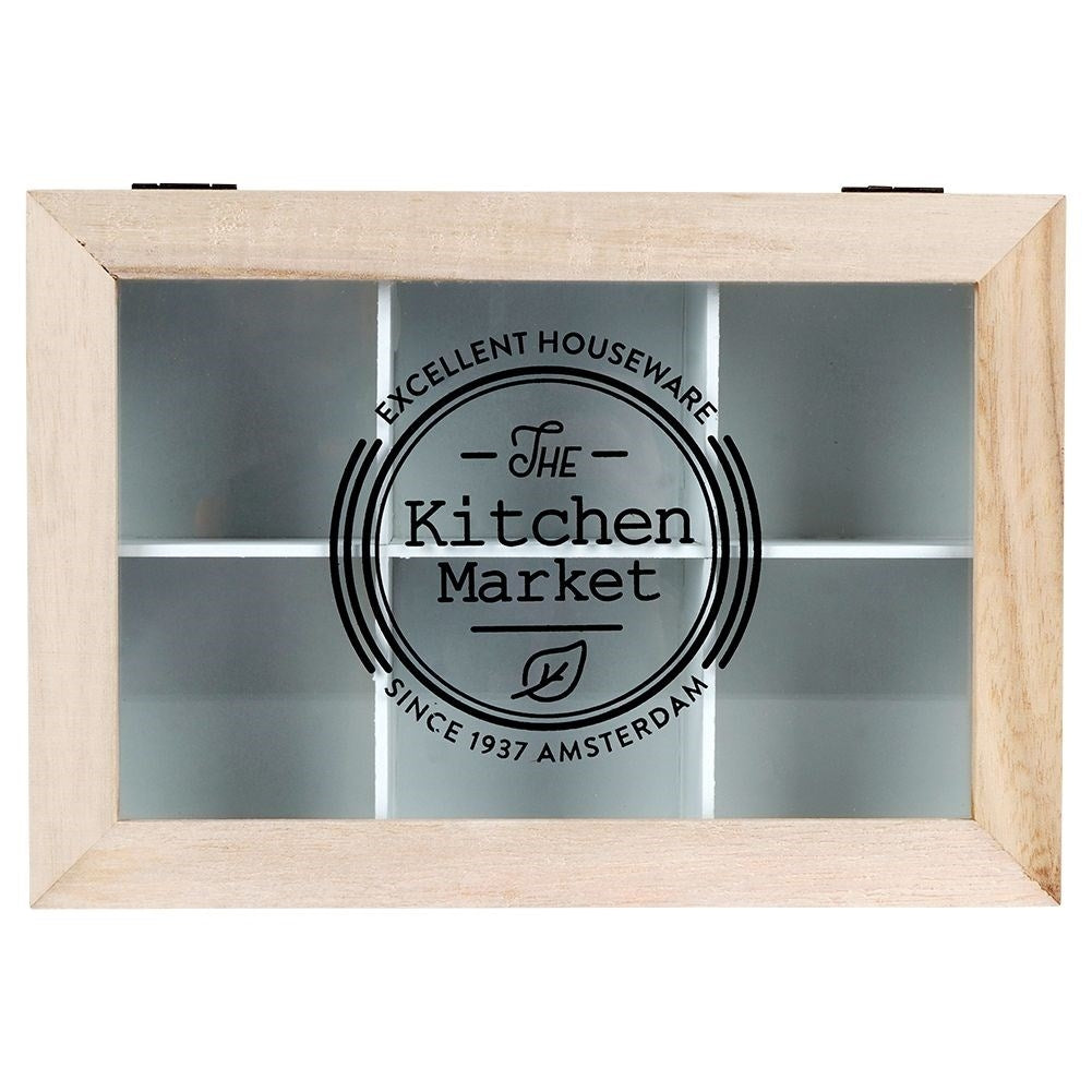 Storage box for tea bags with 6 compartments and lid
