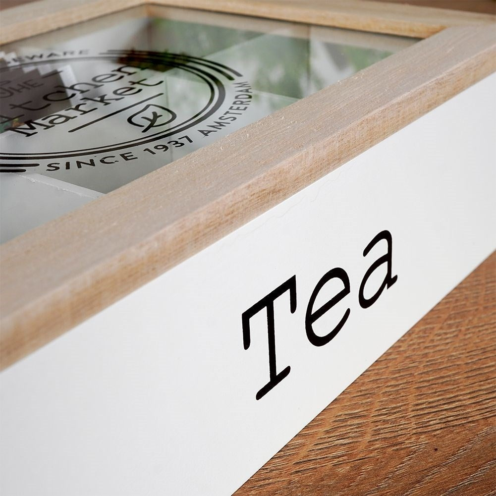 Storage box for tea bags with 6 compartments and lid