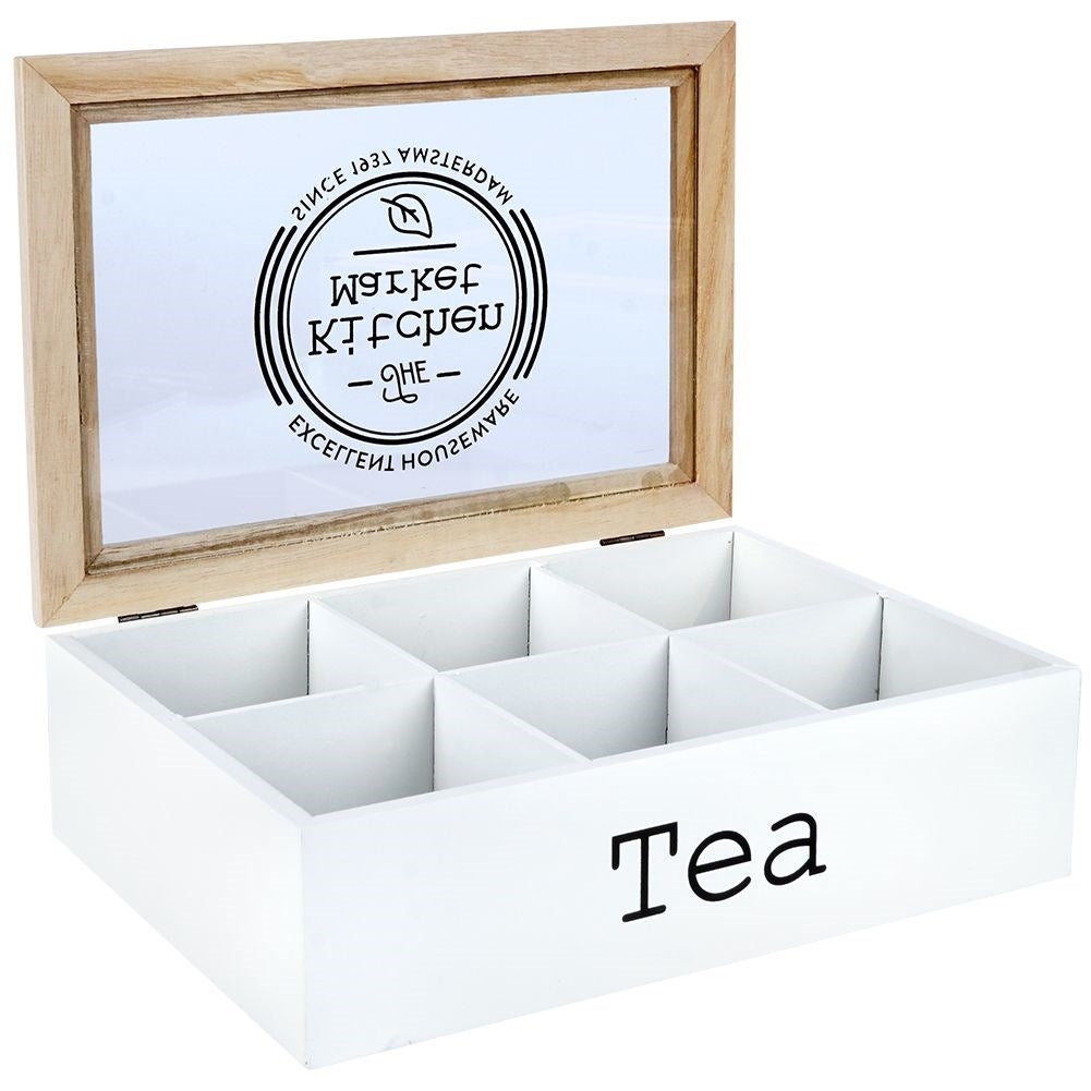 Storage box for tea bags with 6 compartments and lid