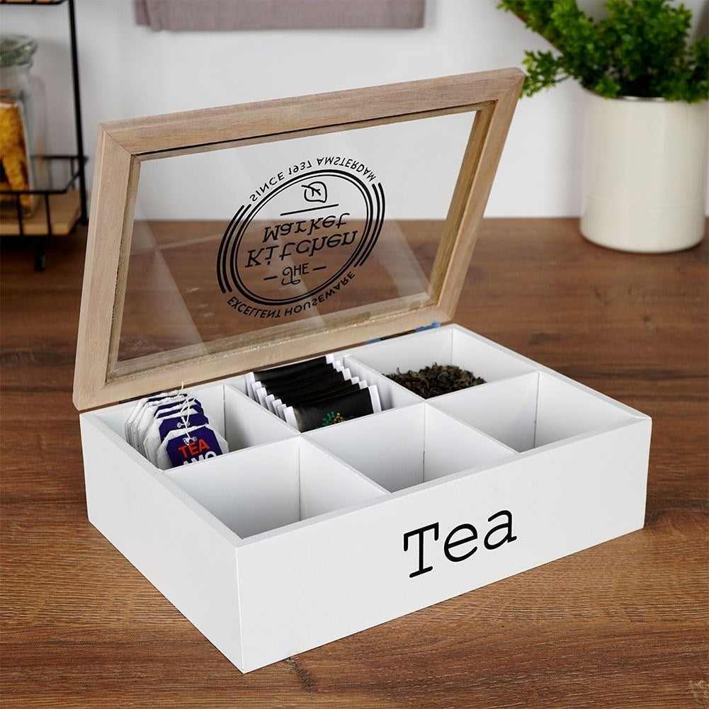 Storage box for tea bags with 6 compartments and lid