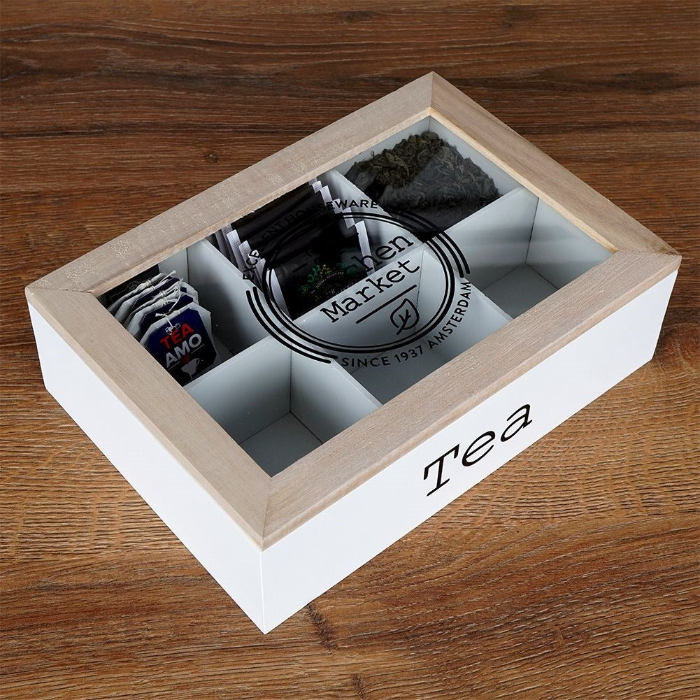 Storage box for tea bags with 6 compartments and lid