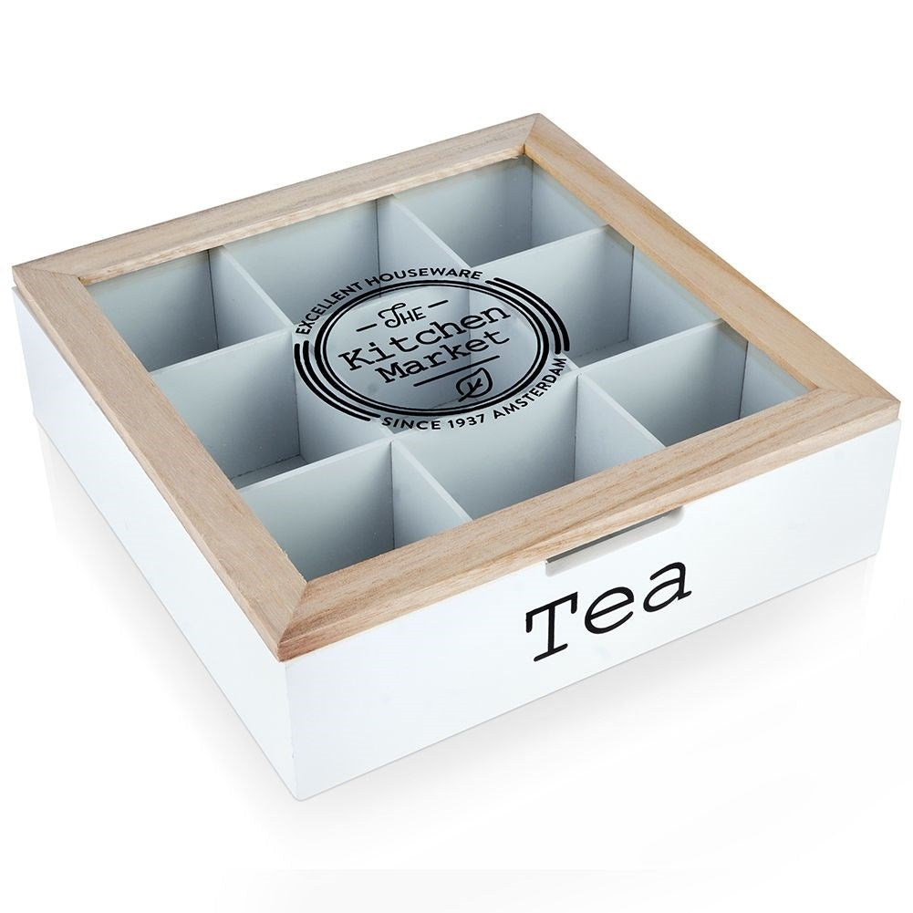 Storage box for tea bags with 9 compartments and lid