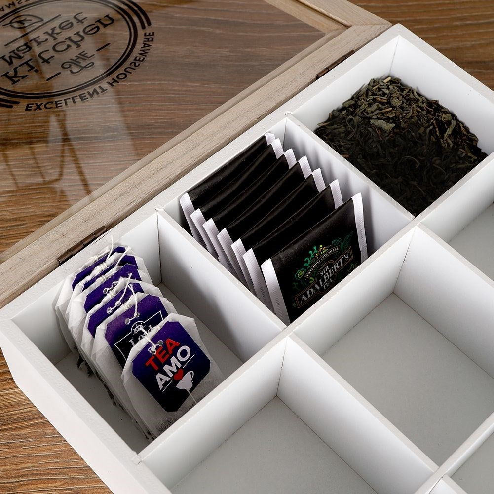 Storage box for tea bags with 9 compartments and lid