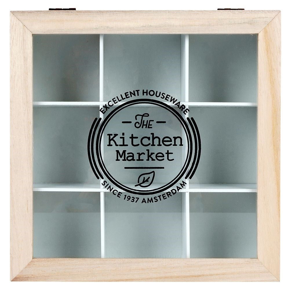Storage box for tea bags with 9 compartments and lid