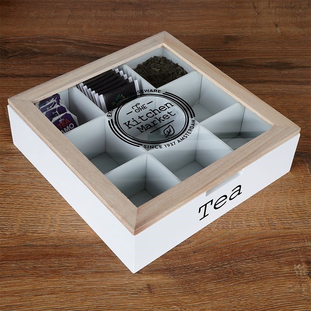 Storage box for tea bags with 9 compartments and lid