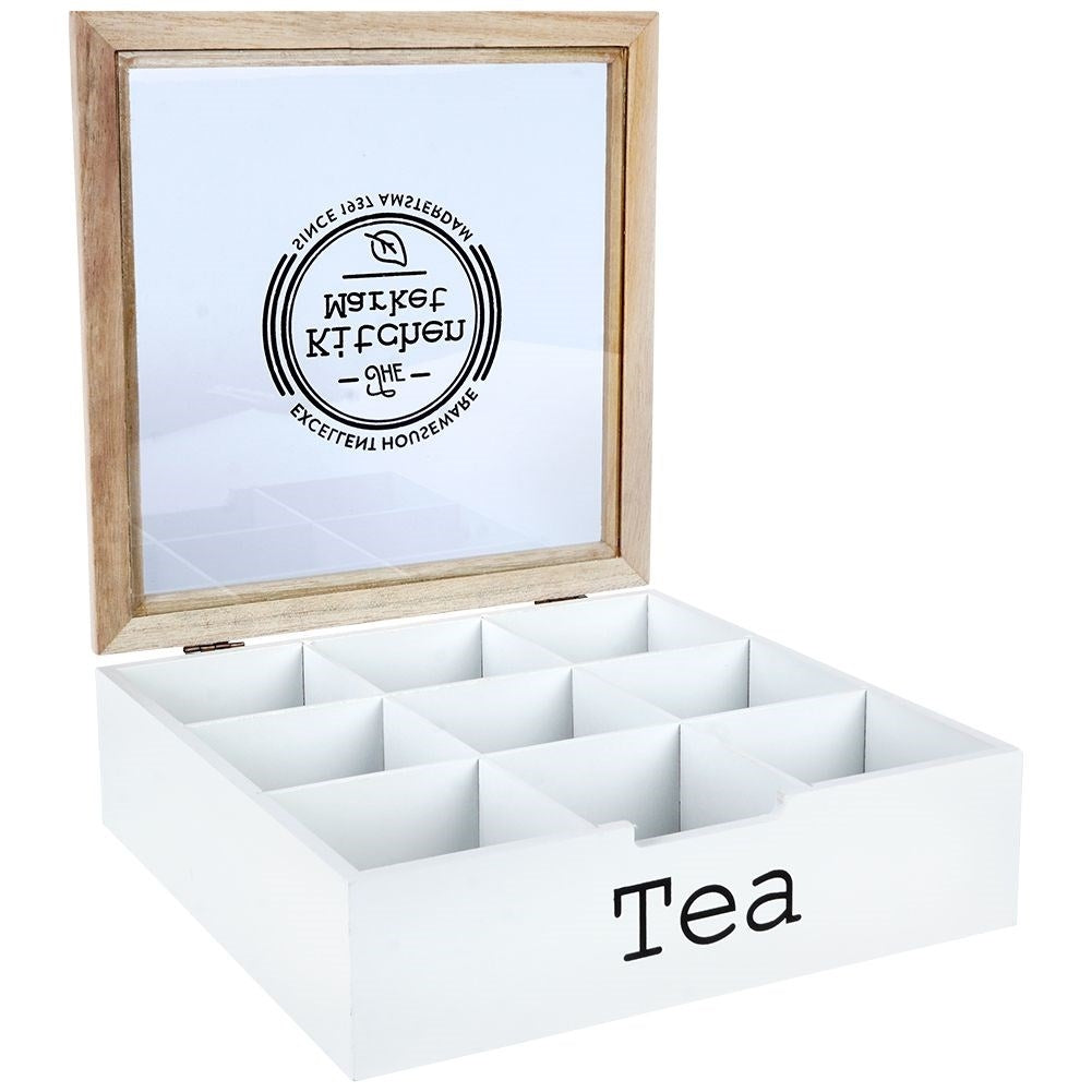 Storage box for tea bags with 9 compartments and lid