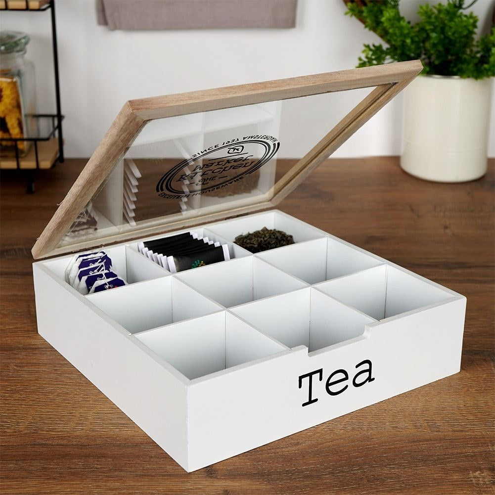 Storage box for tea bags with 9 compartments and lid