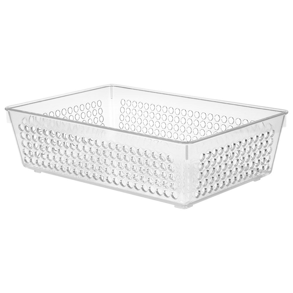 Storage box with perforated sides in transparent material