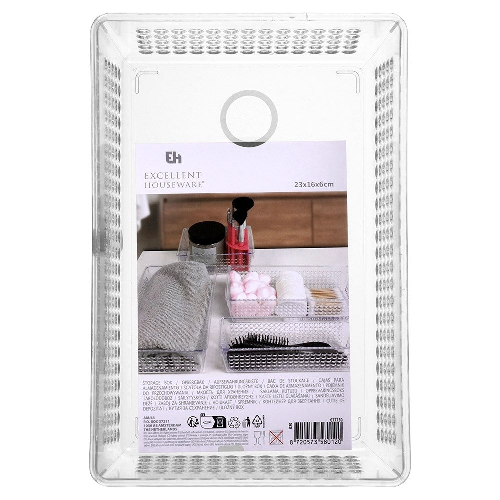 Storage box with perforated sides in transparent material