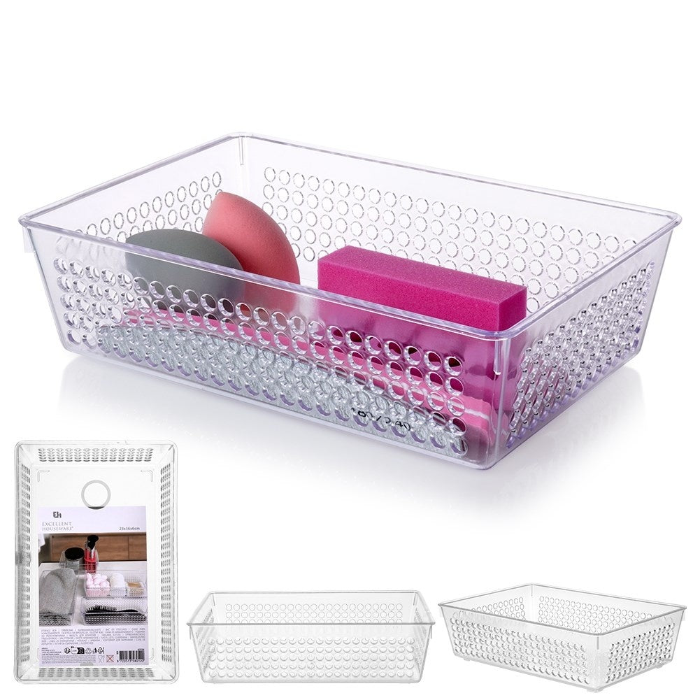 Storage box with perforated sides in transparent material