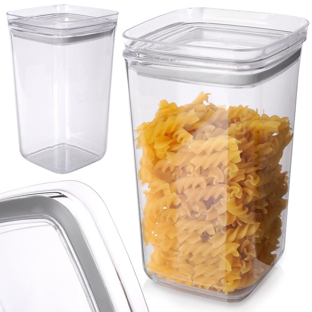Storage container for dry goods, durable and transparent material