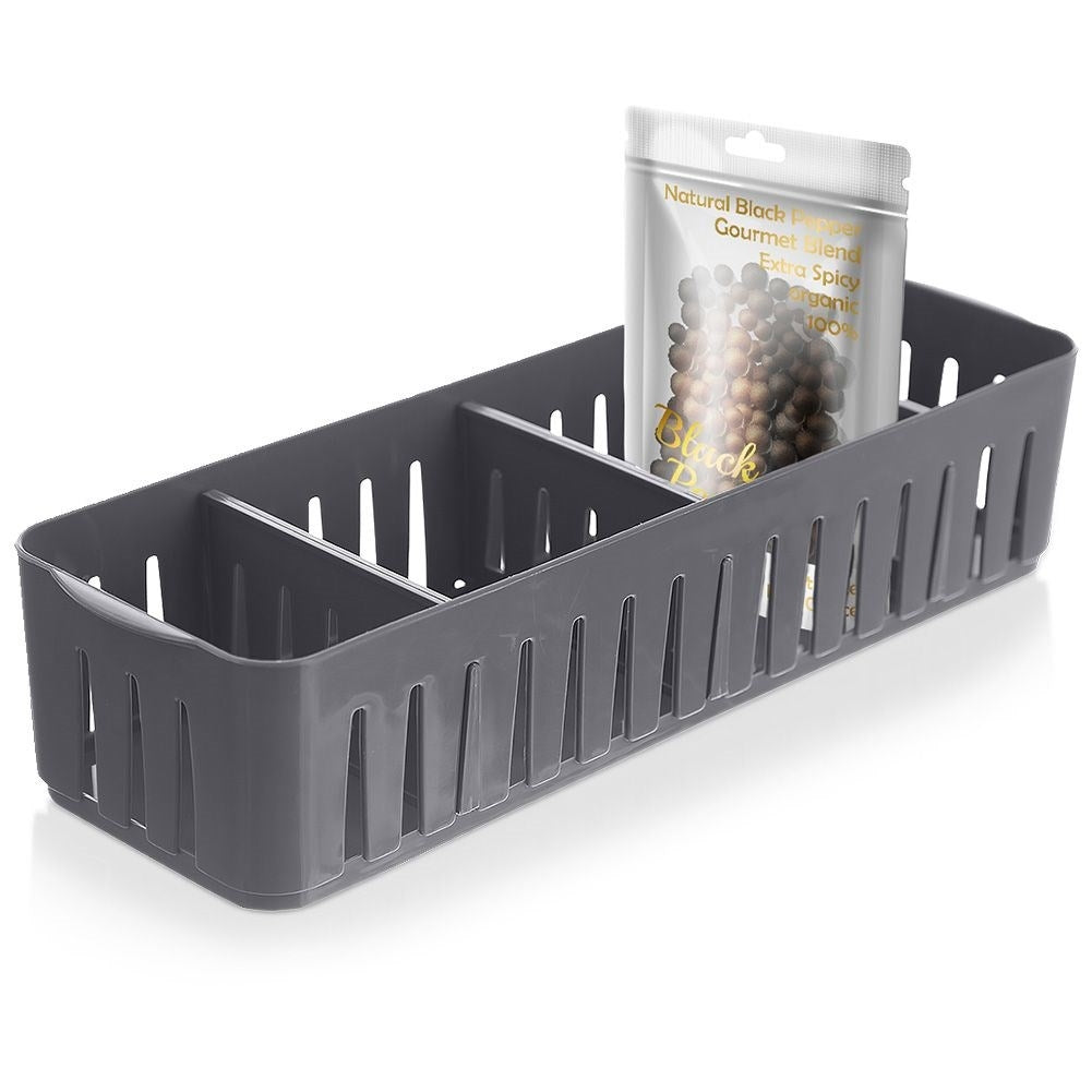 Storage container for spice bags in gray plastic