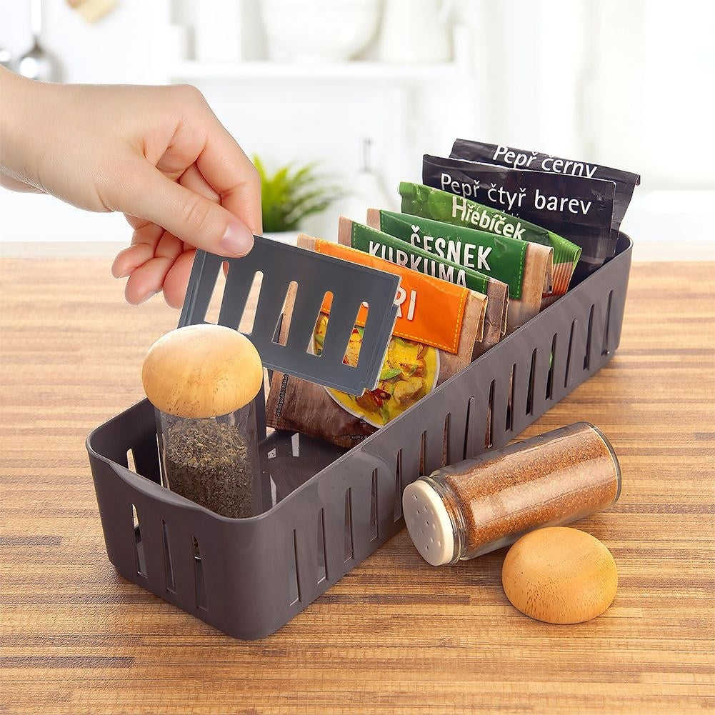 Storage container for spice bags in gray plastic