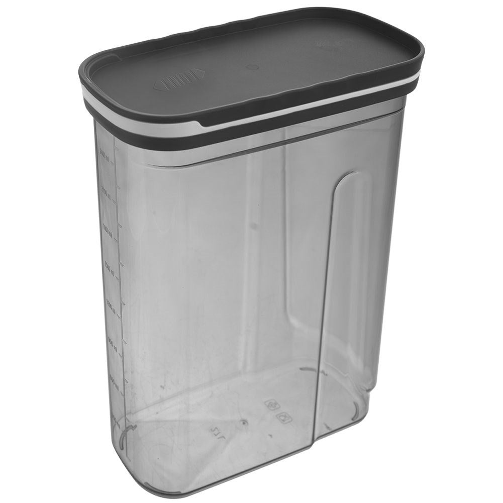 Storage container with dosing lid and measuring scoop