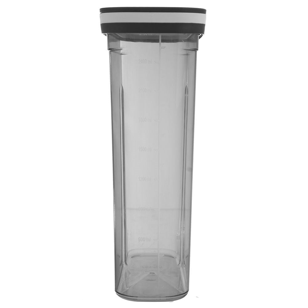 Storage container with dosing lid and measuring scoop