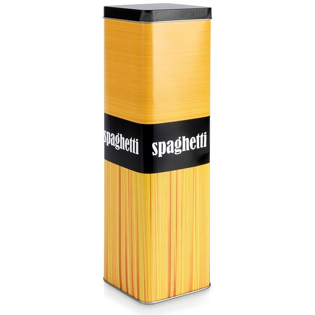 Storage jar for SpaghettiThis practical spaghetti storage jar is made of aluminum and has a stylish design with a decorative image of pasta and the text spaghetti. Perfect for keeping your pasta fresh and organized.