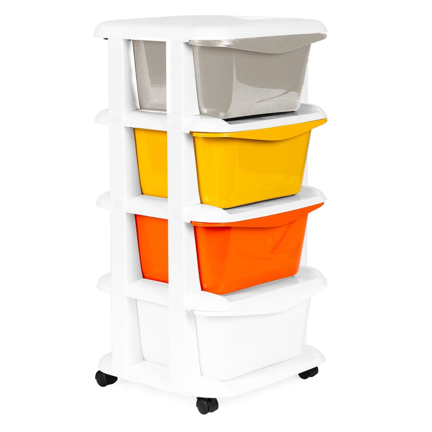 Storage organiser with 4 pull-out drawers legs with castors