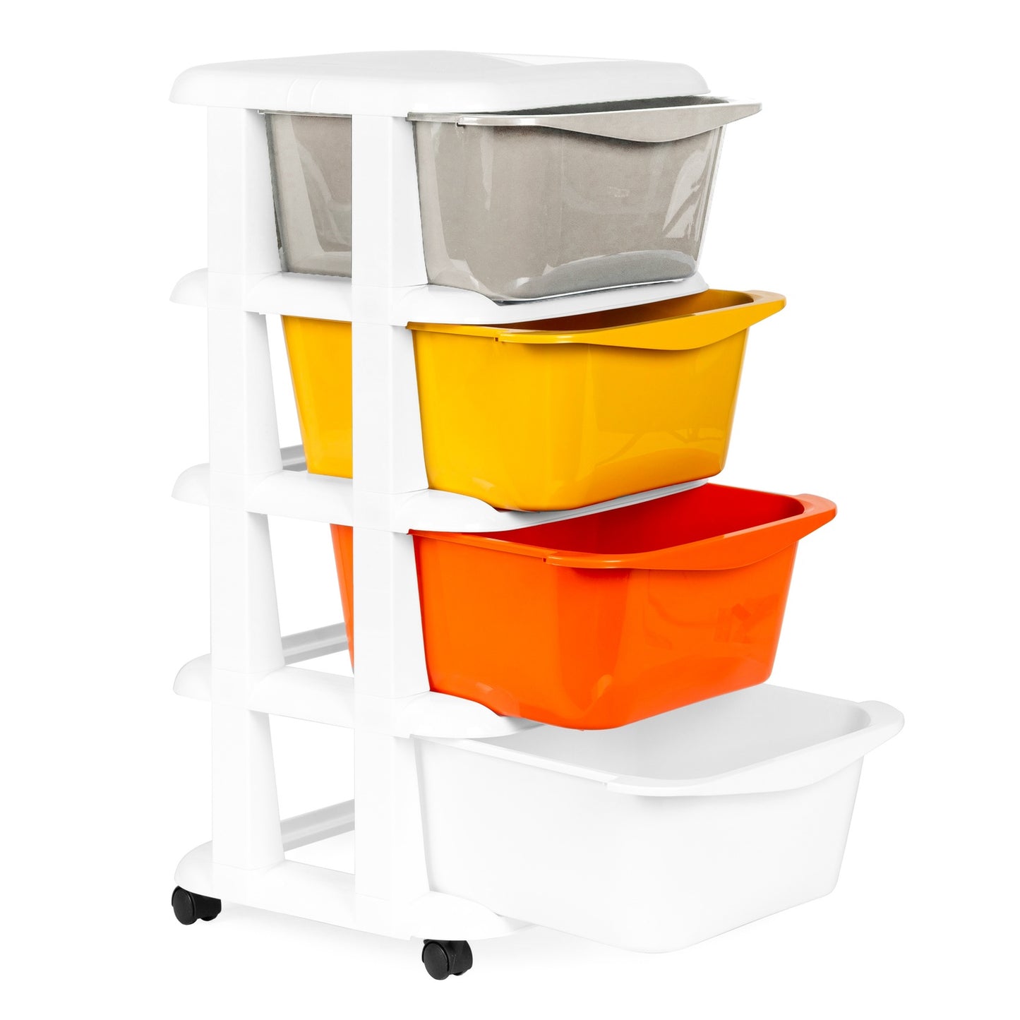 Storage organiser with 4 pull-out drawers legs with castors