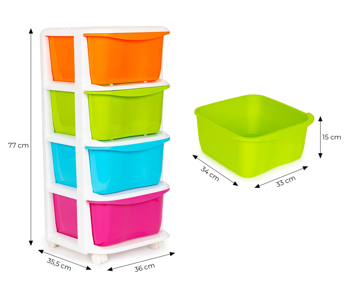Storage organiser with 4 pull-out plastic drawers