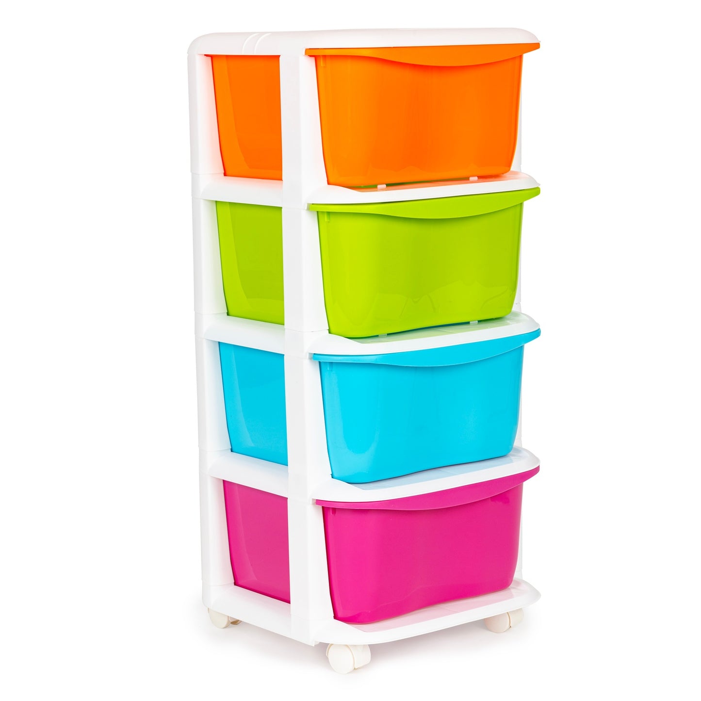Storage organiser with 4 pull-out plastic drawers