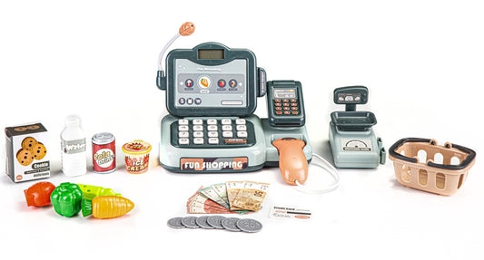 Store cash register, products, scanner, calculator, sounds