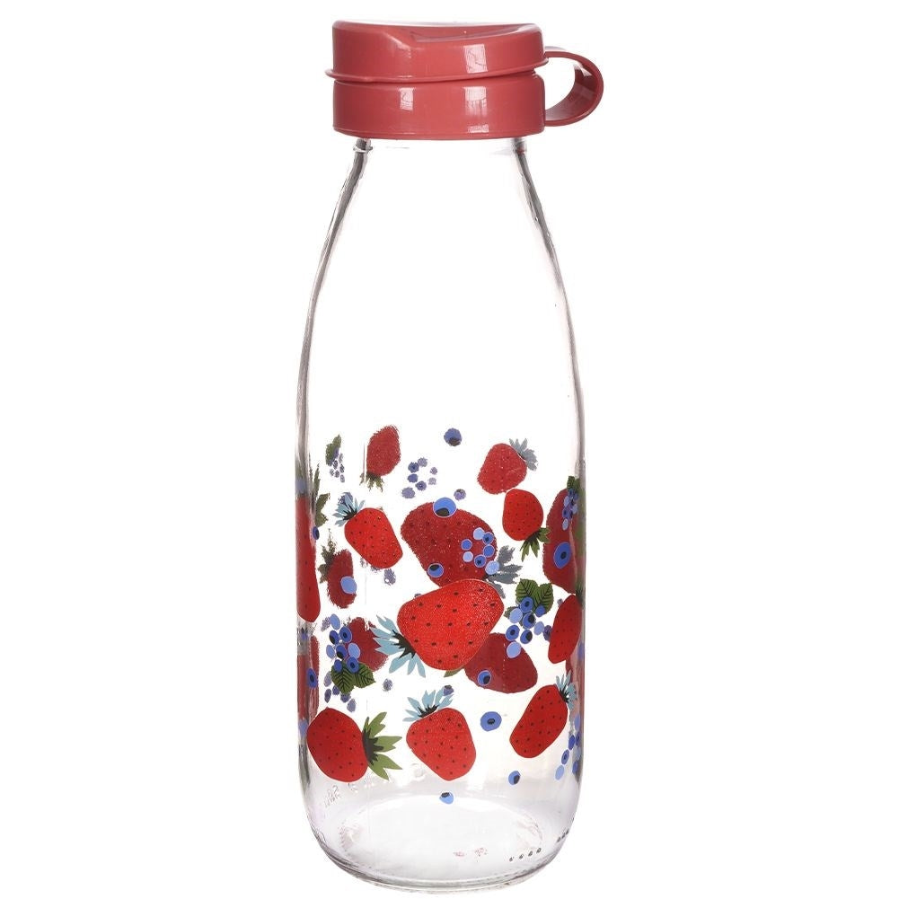 Strawberry motif glass bottle with yellow plastic cap