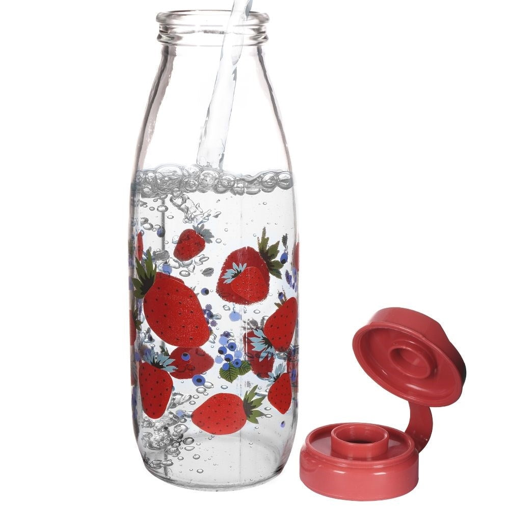 Strawberry motif glass bottle with yellow plastic cap