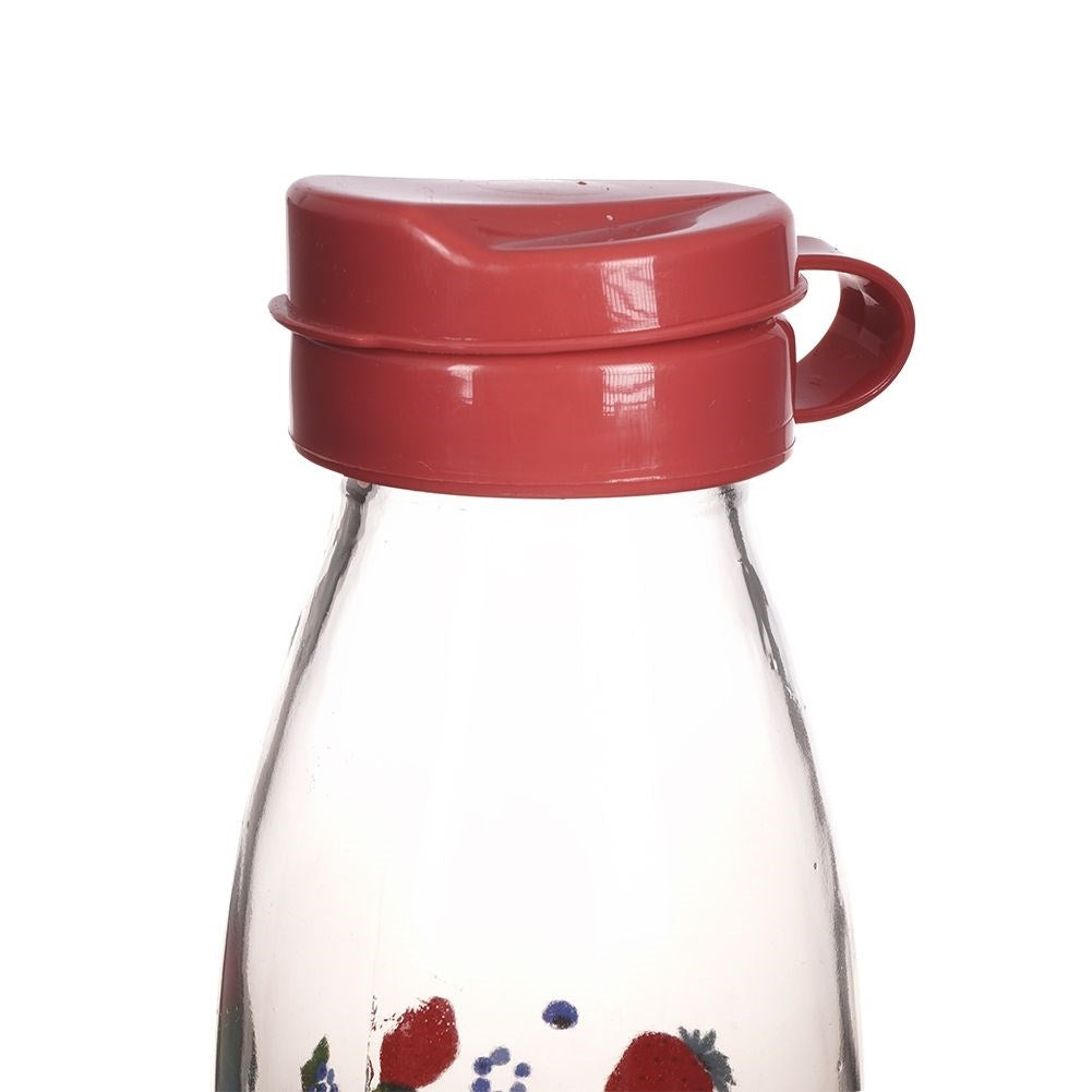 Strawberry motif glass bottle with yellow plastic cap