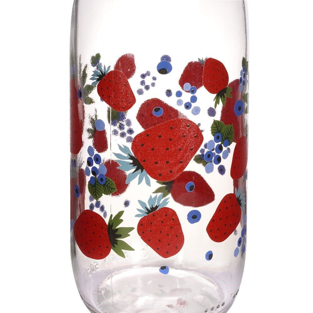 Strawberry motif glass bottle with yellow plastic cap