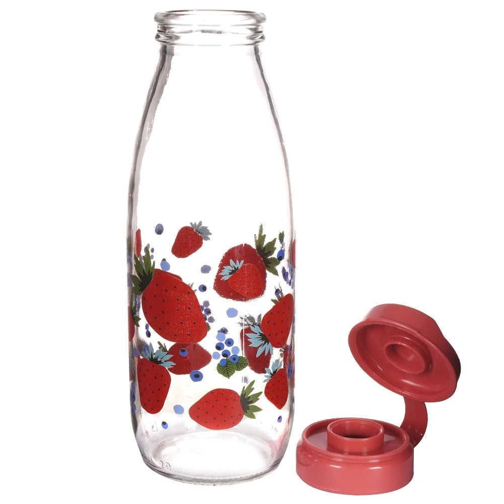 Strawberry motif glass bottle with yellow plastic cap